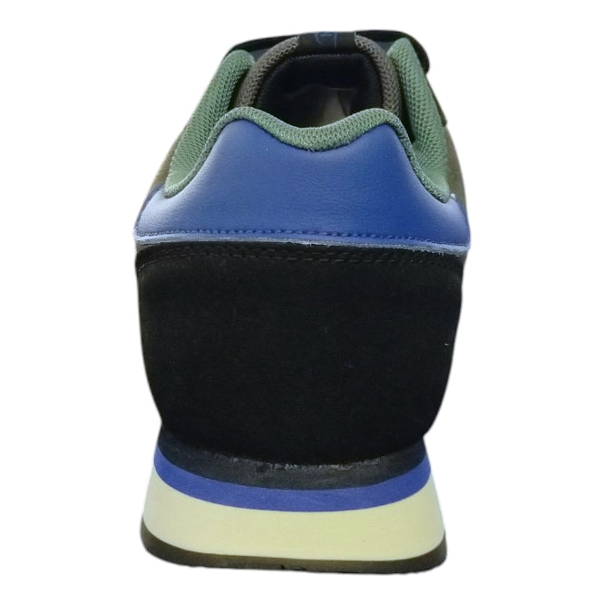 sneakers Renato Balestra da uomo, caratterizzate da un design moderno nei colori verde scuro/militare, nero e un tocco di blu.