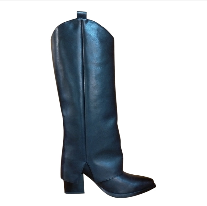 stivale SARA LÒPEZ in pelle nera, con punta affusolata e tacco a blocchetto.