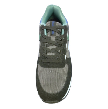 sneakers Renato Balestra da uomo, caratterizzate da un design moderno nei colori verde scuro/militare, nero e un tocco di blu.