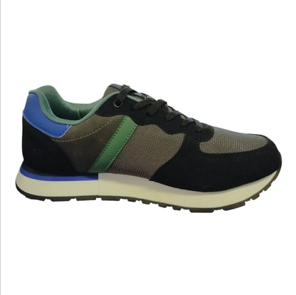 sneakers Renato Balestra da uomo, caratterizzate da un design moderno nei colori verde scuro/militare, nero e un tocco di blu.