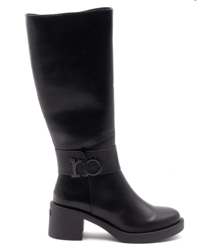 stivale Roccobarocco in poliuretano nero, con suola in gomma antiscivolo e tacco largo.