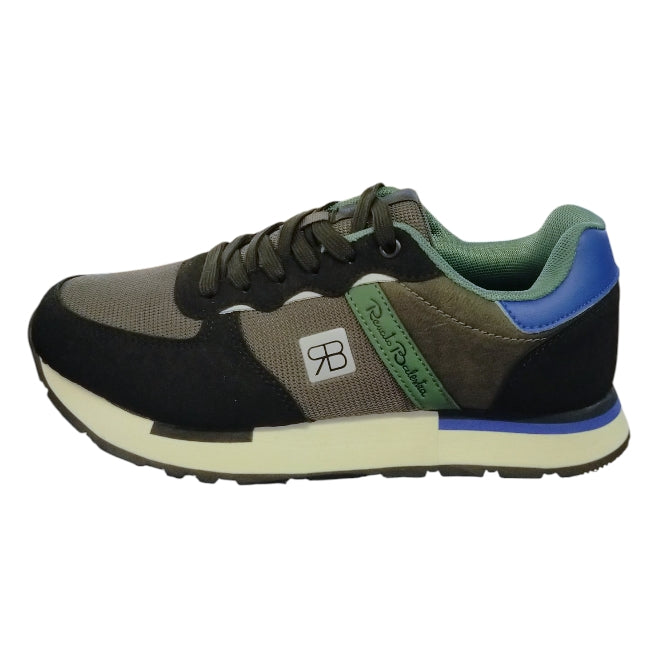 sneakers Renato Balestra da uomo, caratterizzate da un design moderno nei colori verde scuro/militare, nero e un tocco di blu.