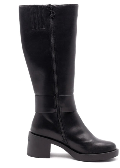 stivale Roccobarocco in poliuretano nero, con suola in gomma antiscivolo e tacco largo.