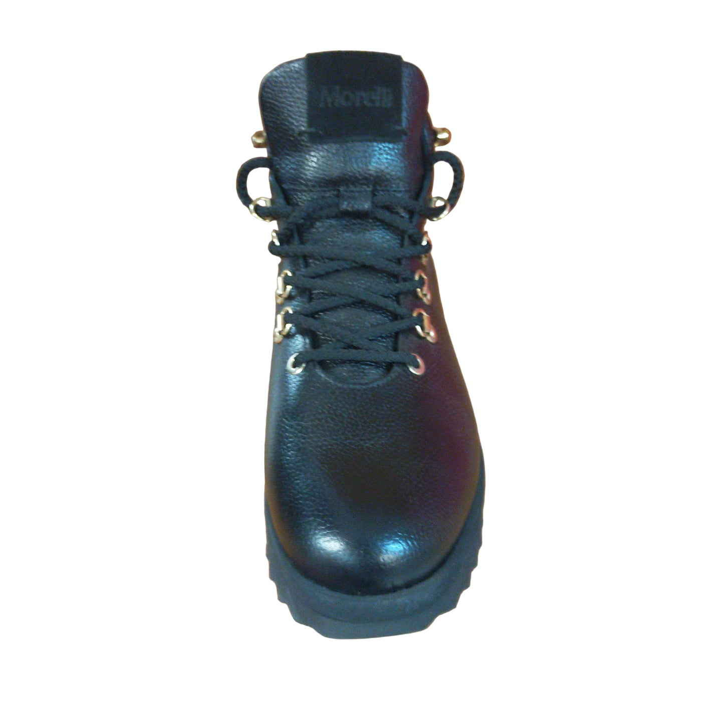 scarponcino Morelli in pelle nera con occhielli dorati.